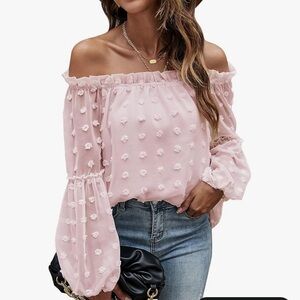 Amazon Light Pink Off-Shoulder Pom-Pom Blouse